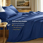 Blue bedding set on a bed with room decor in the background