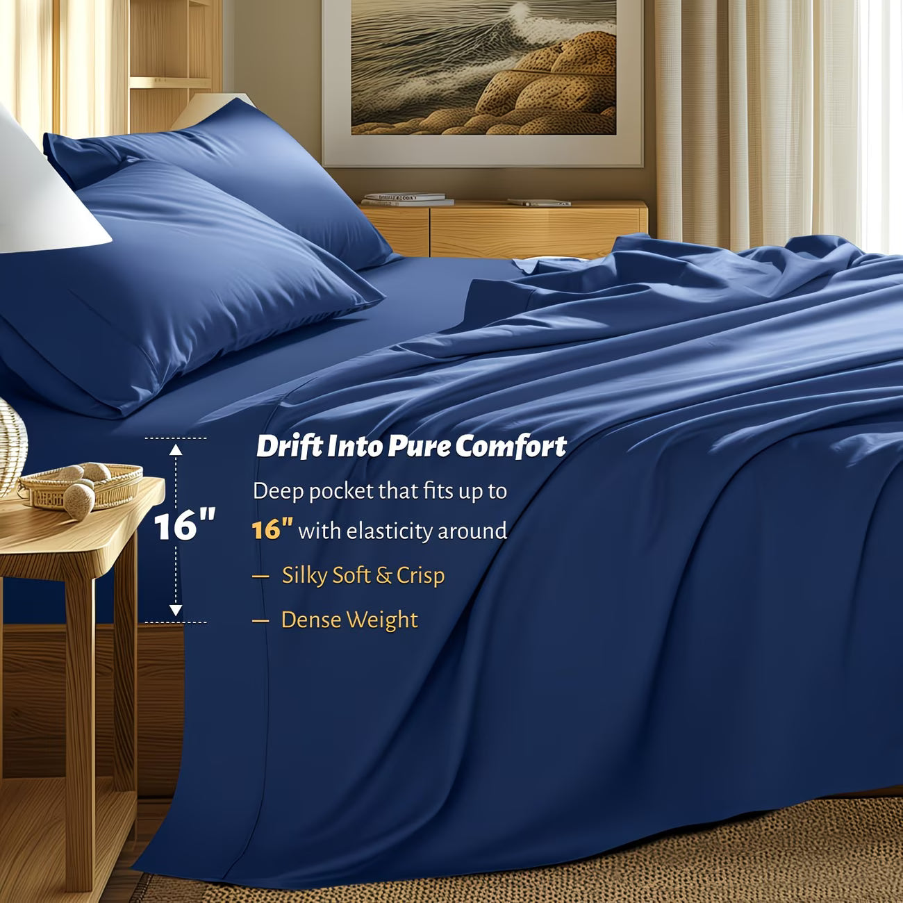 Blue bedding set on a bed with room decor in the background
