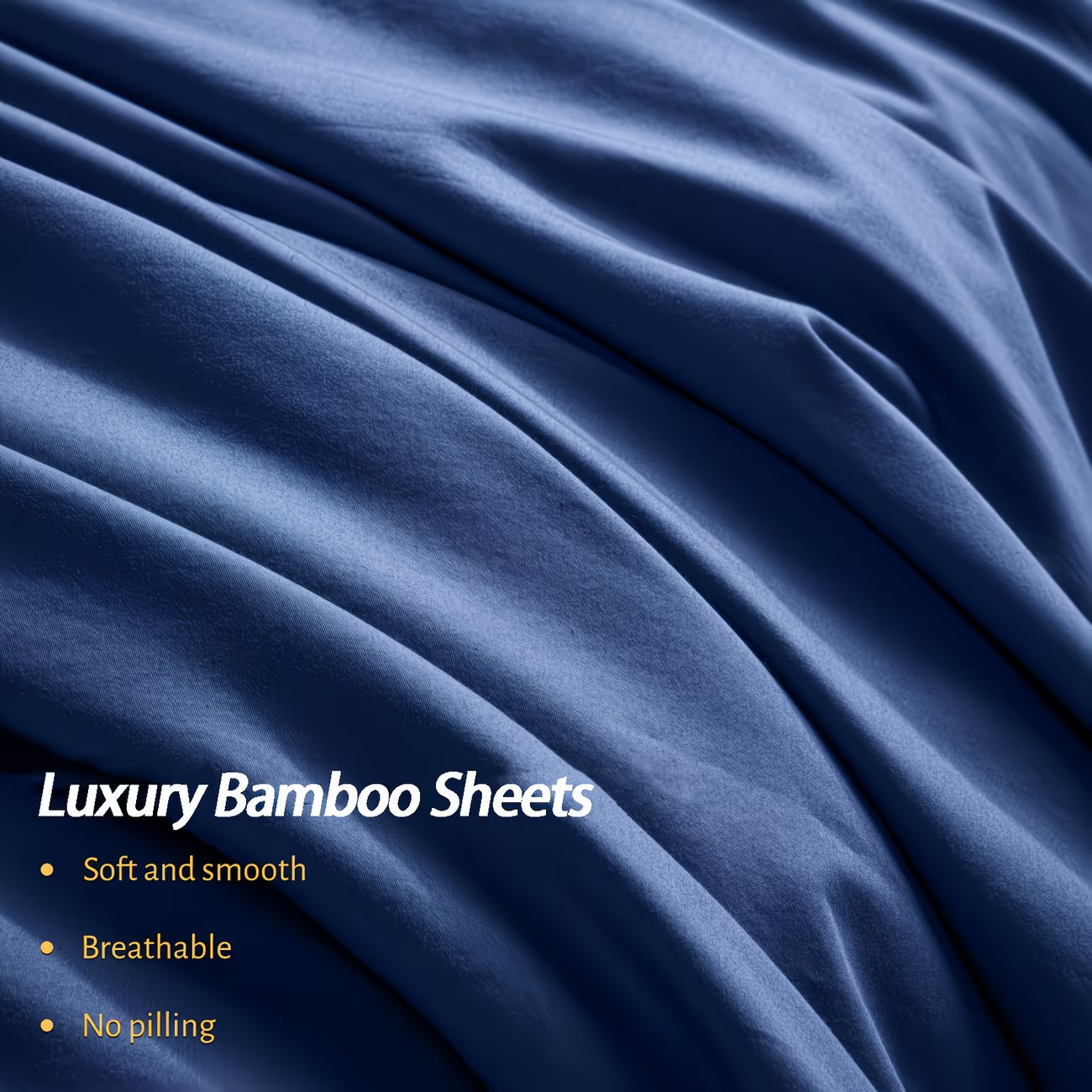 Close-up of blue bamboo sheets with text highlighting features