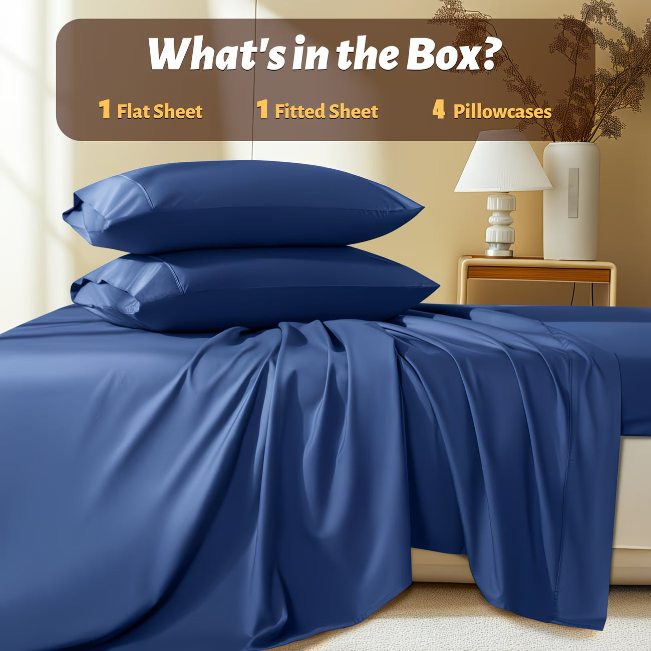 Blue bedding set with flat sheet, fitted sheet, and pillowcases on a bed in a bedroom setting.