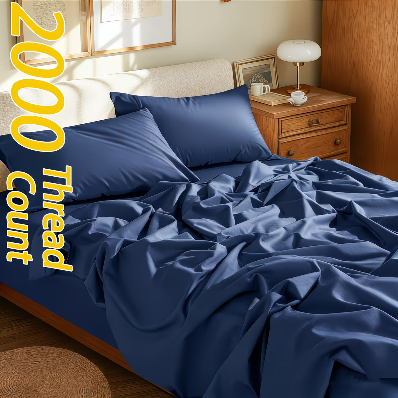 Blue bedding set with 2000 thread count text in a bedroom setting