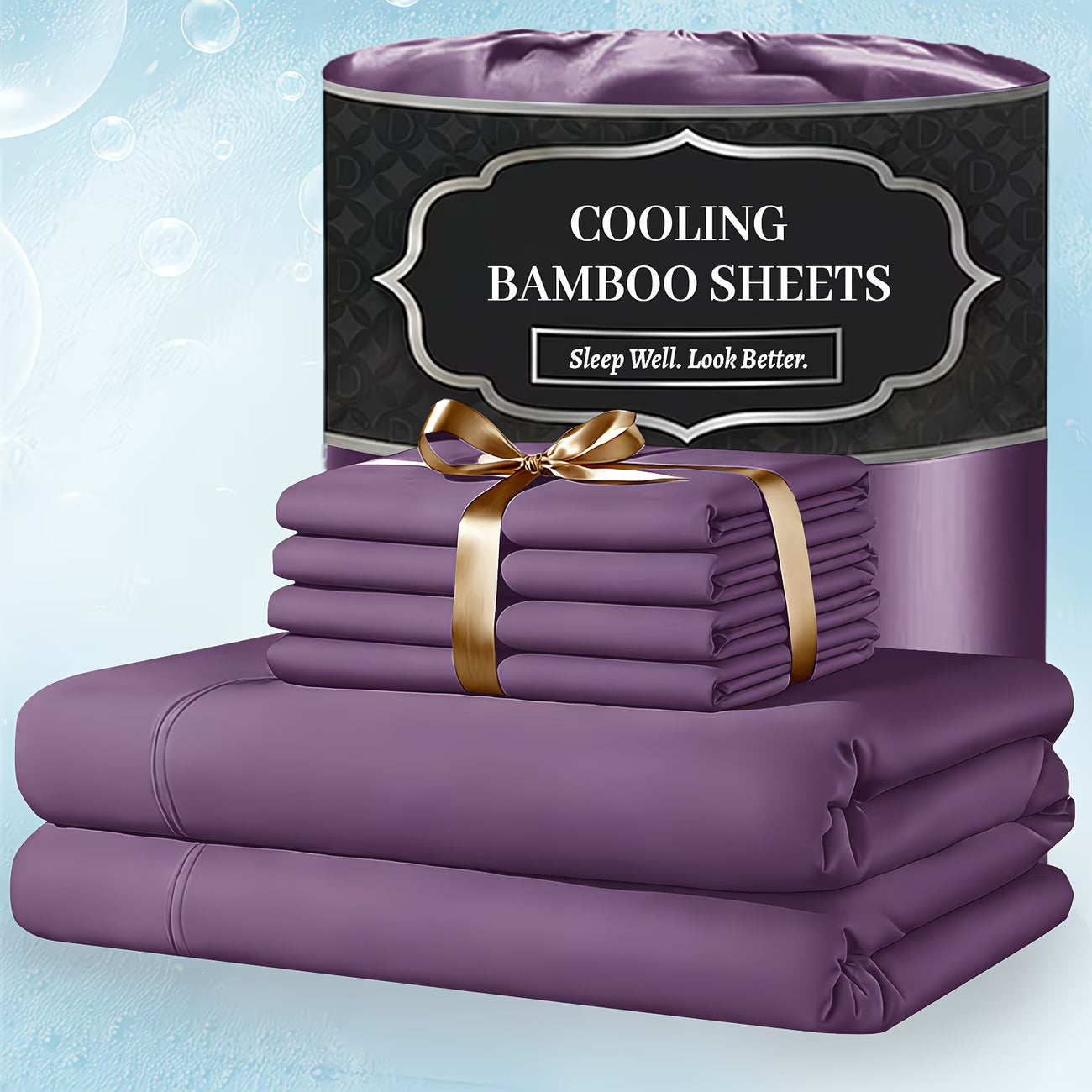 Purple cooling bamboo sheets with a gold ribbon on a light blue background