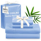 Set of blue ice cooling bamboo bed sheets with packaging and decorative elements on a white background