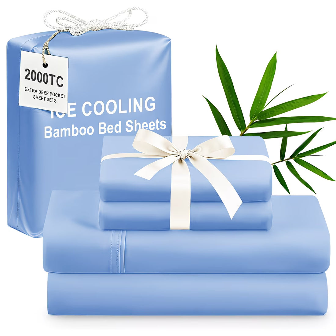 Set of blue ice cooling bamboo bed sheets with packaging and decorative elements on a white background