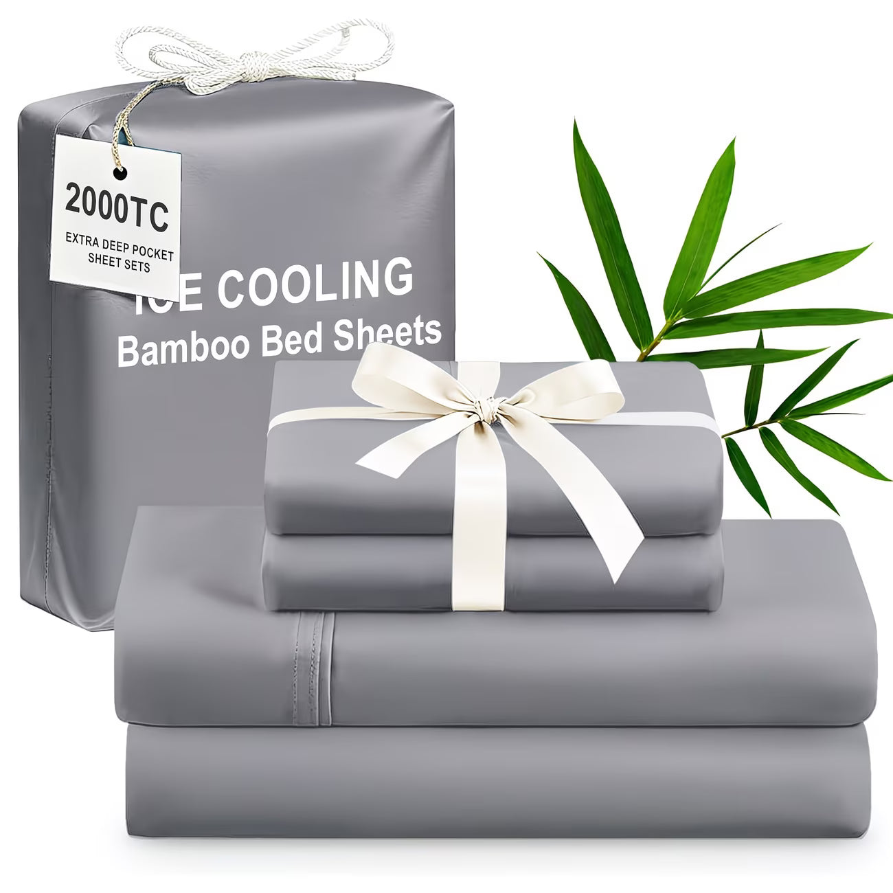 Gray ice cooling bamboo bed sheets with a white ribbon and green leaves on a white background