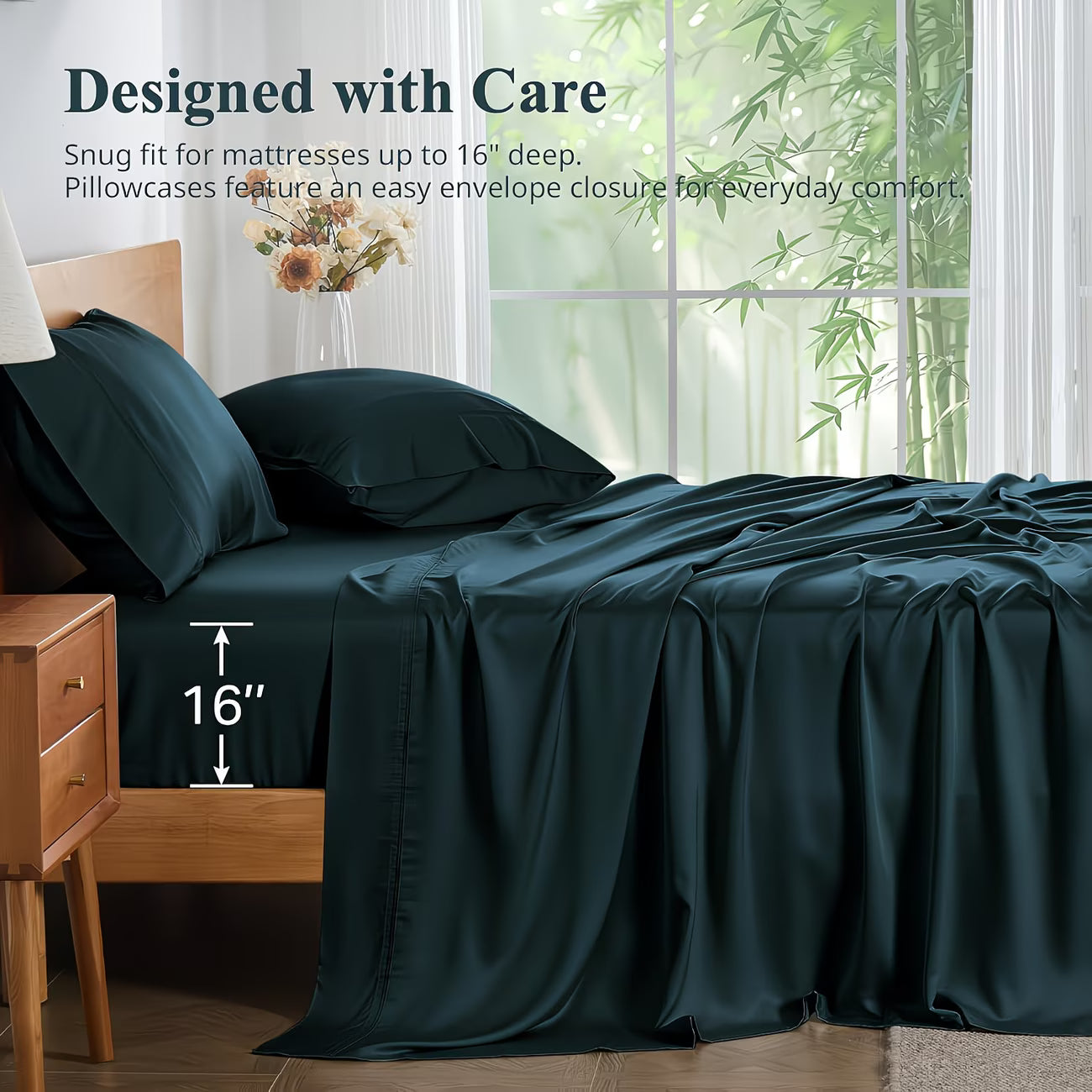 Dark green bed sheets and pillows on a bed with a wooden nightstand and window in the background.