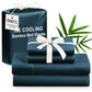 Set of blue ice cooling bamboo bed sheets with a white ribbon and tag on a white background.