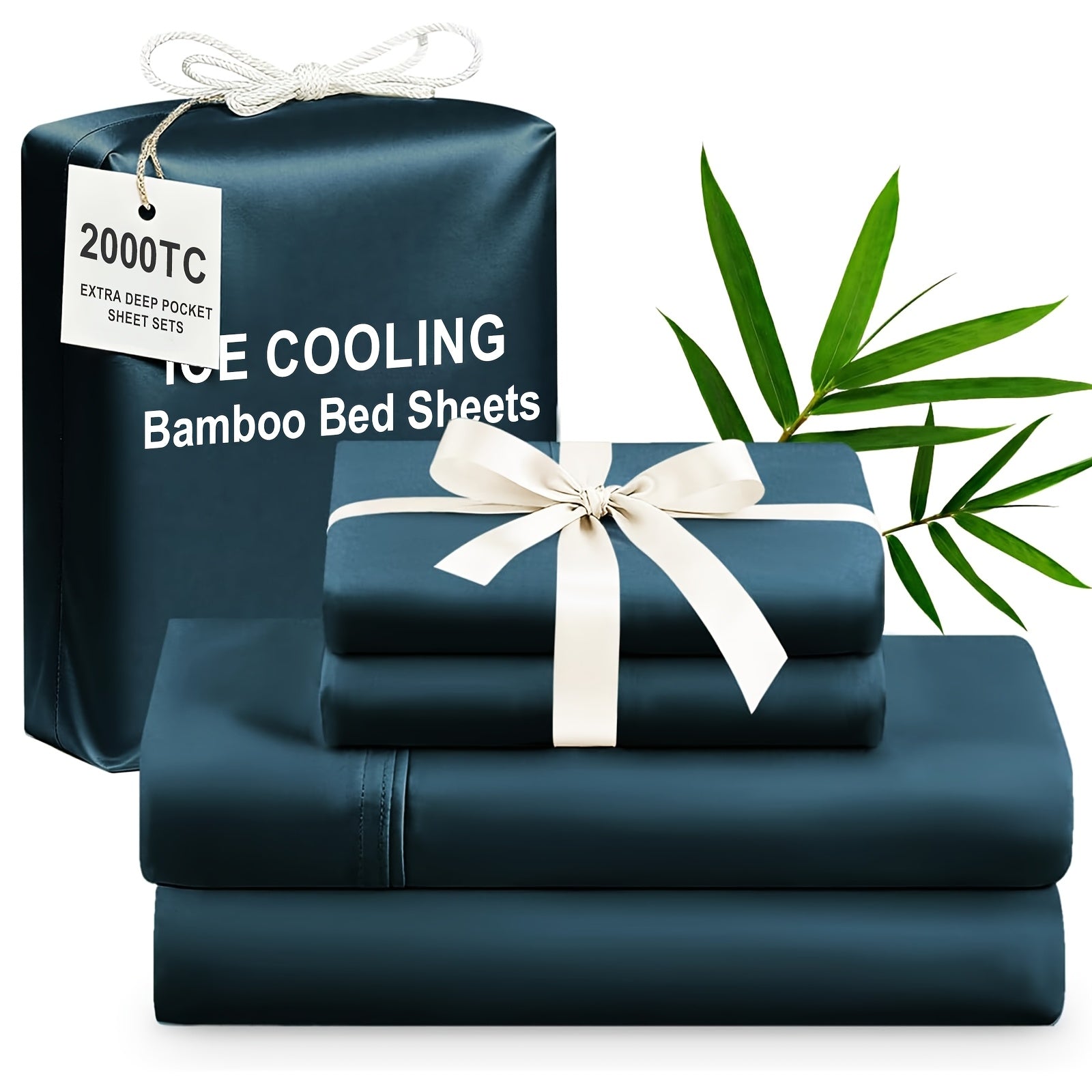 Set of blue ice cooling bamboo bed sheets with a white ribbon and tag on a white background.
