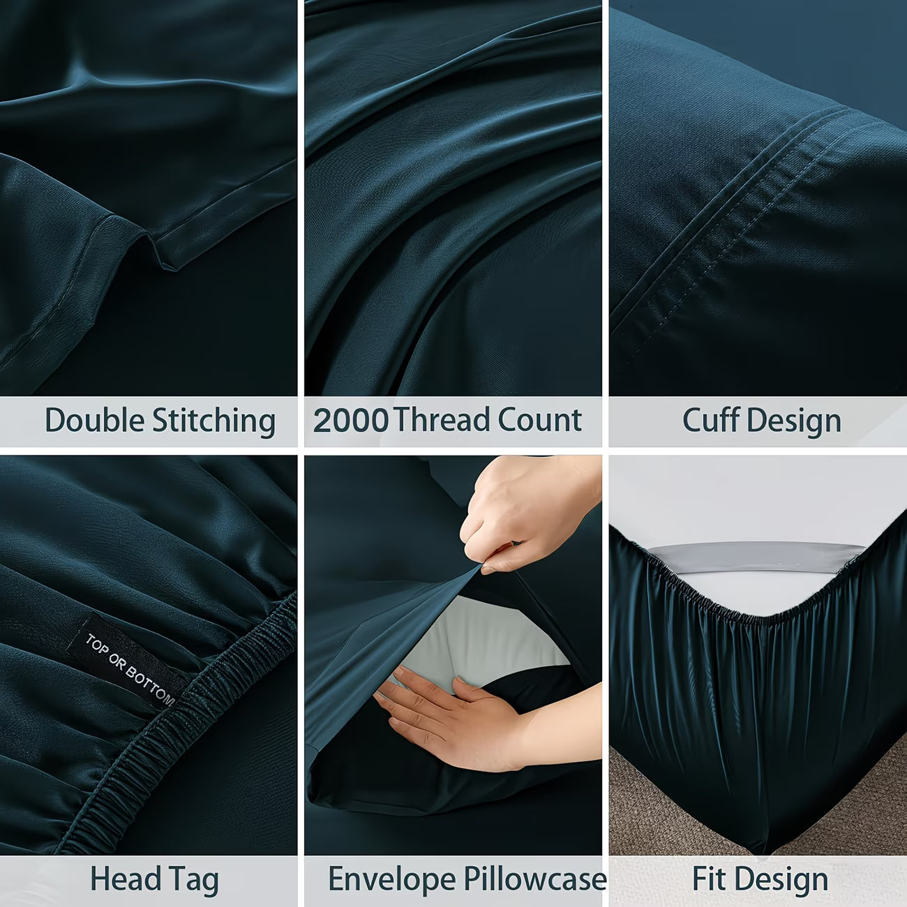 Collage of features of a dark blue bedsheet set including double stitching, 2000 thread count, cuff design, head tag, envelope pillowcase, and fit design.