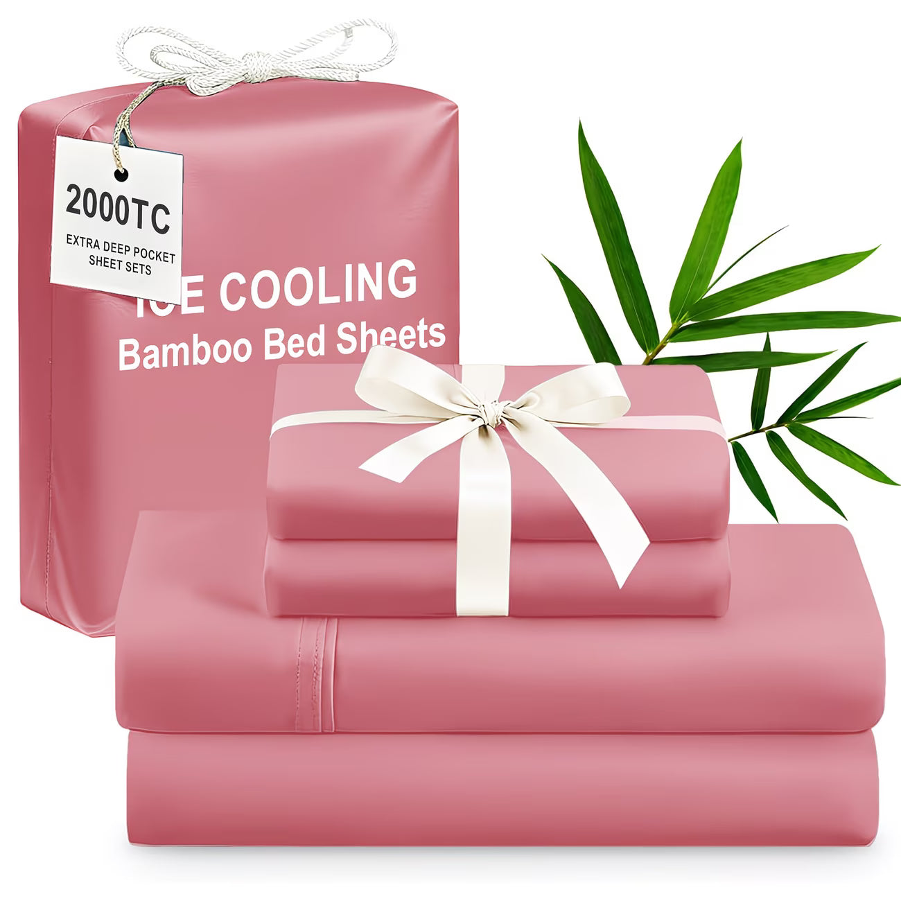 Pink ice cooling bamboo bed sheets set with a tag and green leaves on a white background