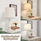Collage of a table lamp with different color temperature settings on a neutral background.