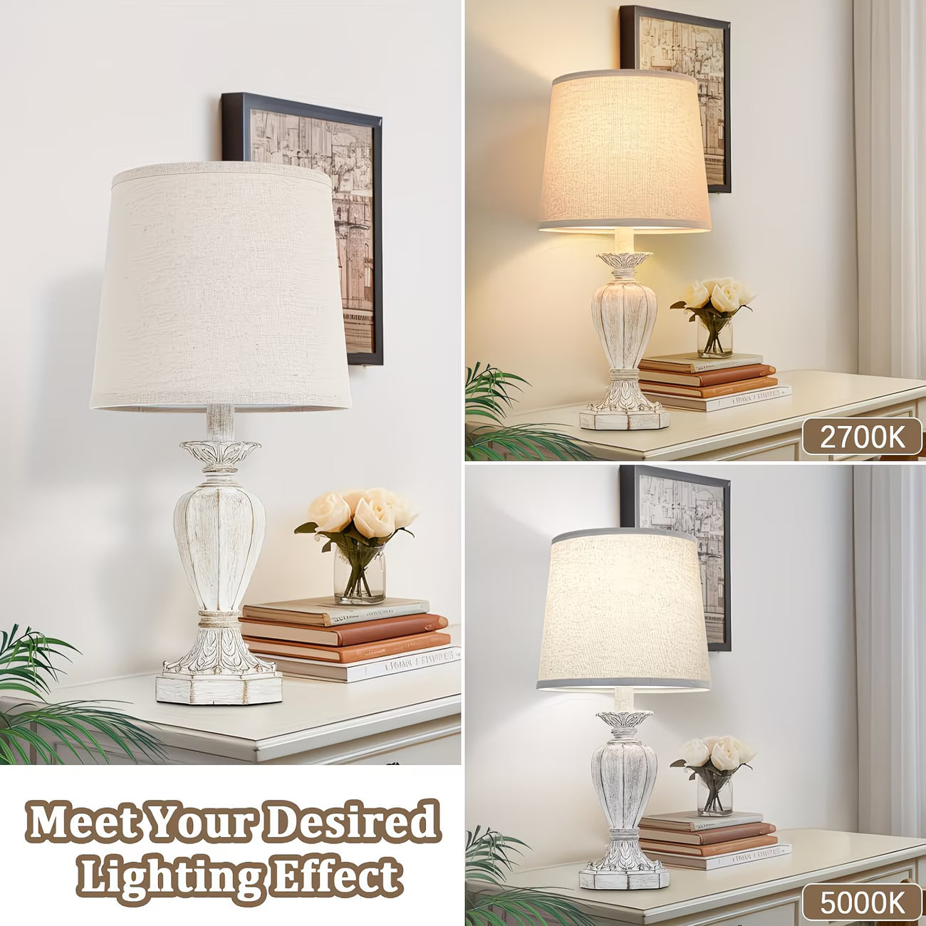 Collage of a table lamp with different color temperature settings on a neutral background.