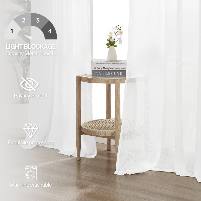 White curtains with a table and decor items in a room, featuring text on light blockage and features.