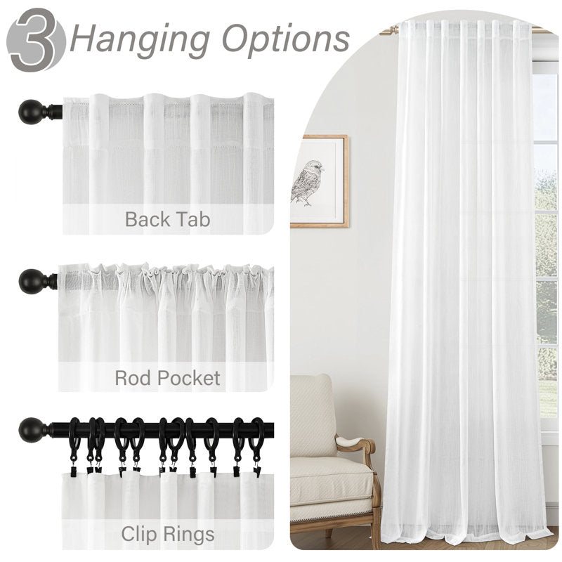 White curtains with different hanging options displayed on a white background.