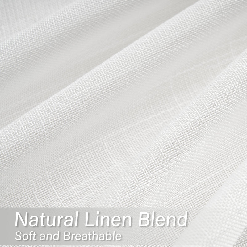 Close-up of white natural linen blend fabric with text overlay.