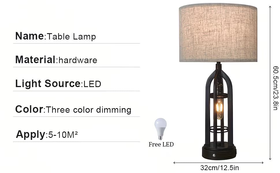 Table lamp with dimensions and specifications on a white background