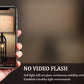 Hand holding a smartphone displaying a lamp with text about no video flash