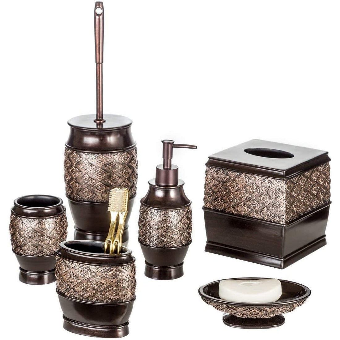 Bathroom accessory set with decorative patterns on a white background