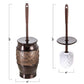 Bronze toilet brush and holder with measurements on a white background