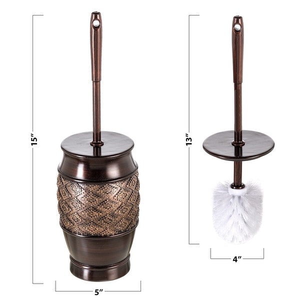 Bronze toilet brush and holder with measurements on a white background