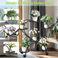 Black metal plant stand with plants and flowers in a home setting