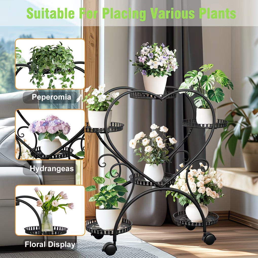 Black metal plant stand with plants and flowers in a home setting