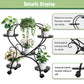 Decorative plant stand with potted plants and text highlighting features on a white background.