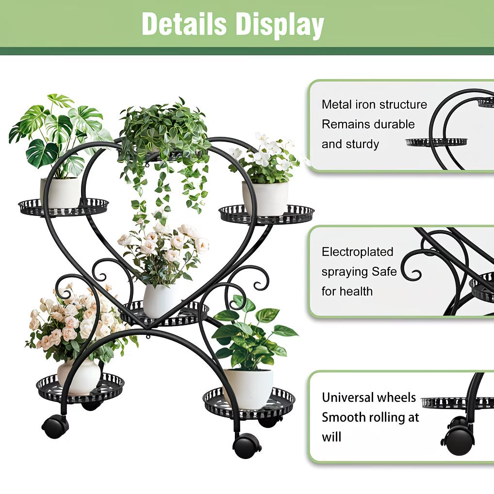 Decorative plant stand with potted plants and text highlighting features on a white background.
