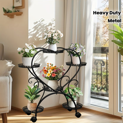 Heavy-duty metal plant stand with multiple plant pots in a room with a window.