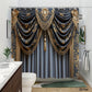 Decorative shower curtain with gold accents in a bathroom setting