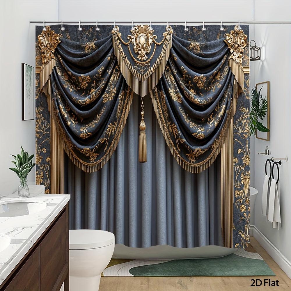 Decorative shower curtain with gold accents in a bathroom setting
