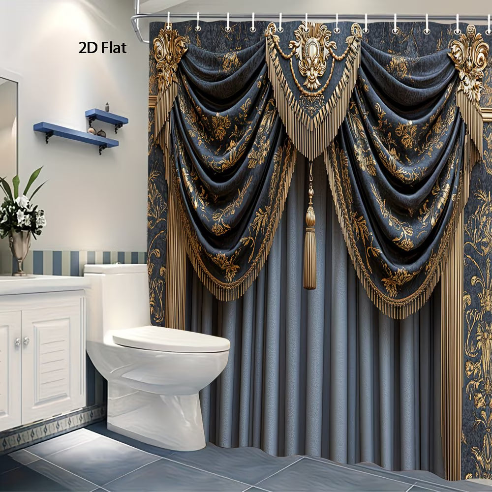 Bathroom with a decorative shower curtain featuring gold accents and tassels.