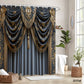 Decorative shower curtain with gold and blue details in a bathroom setting