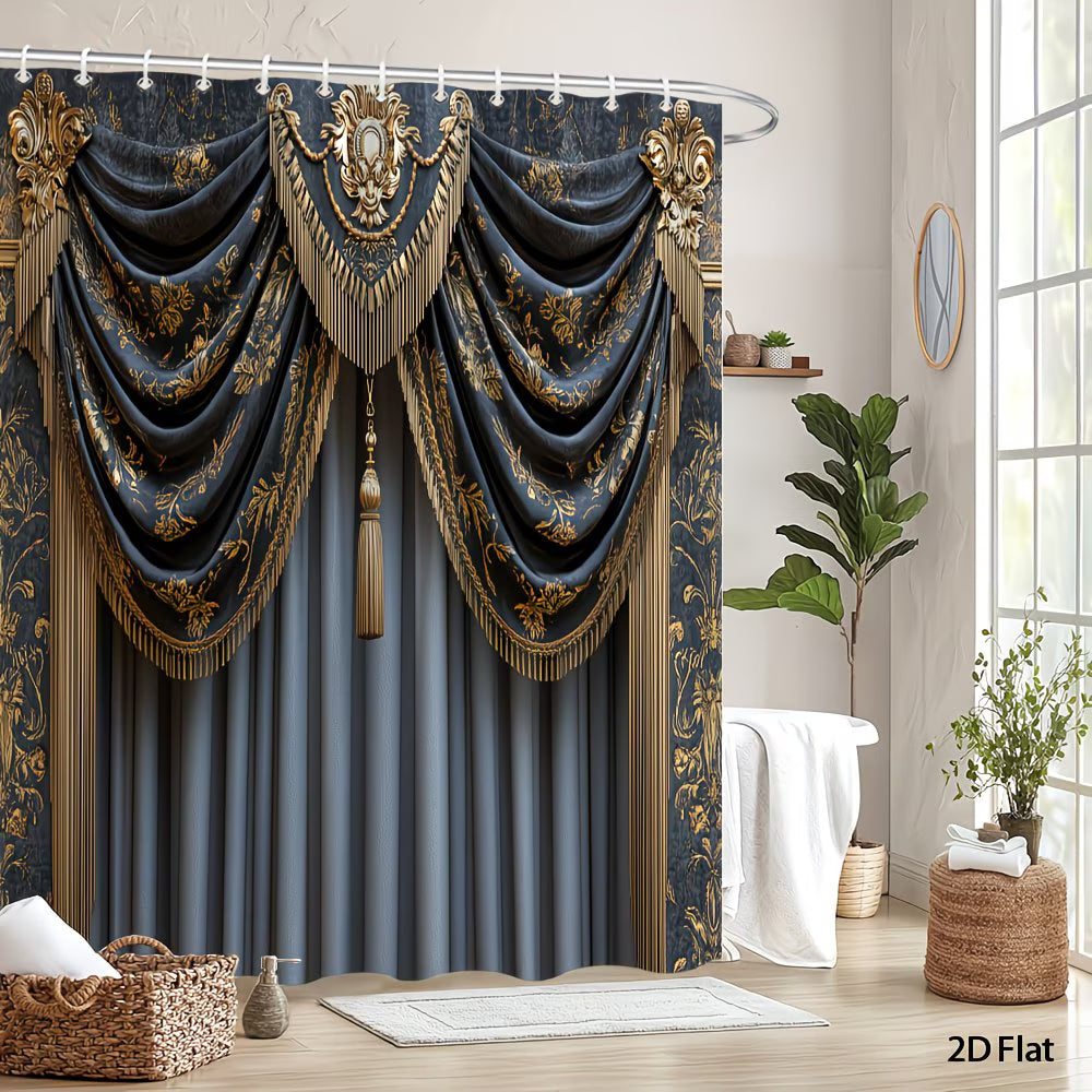 Decorative shower curtain with gold and blue details in a bathroom setting