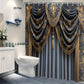 Bathroom with a decorative shower curtain featuring gold accents and tassels.