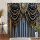 Decorative shower curtain with gold and blue design in a bathroom setting