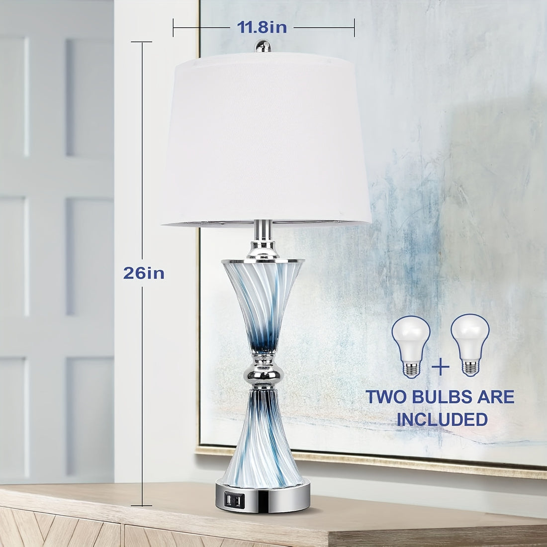 Table lamp with dimensions and bulb information on a neutral background