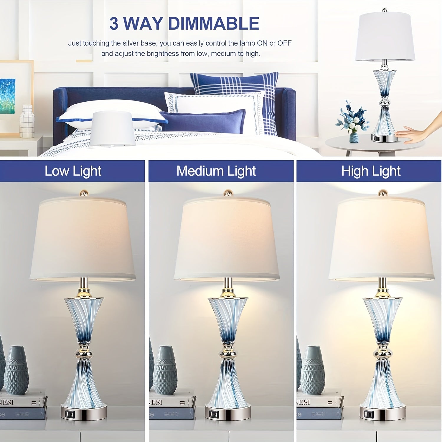 Table lamp with 3-way dimmable feature shown in low, medium, and high light settings.
