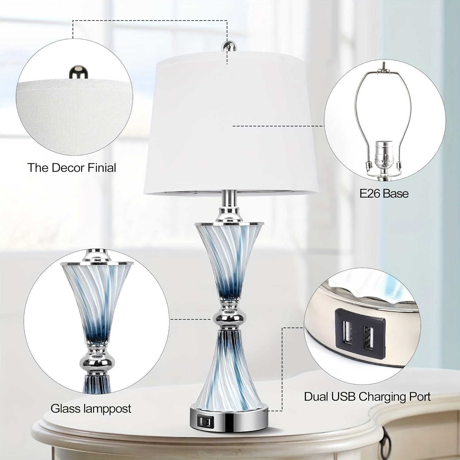 Table lamp with close-up details on a white background