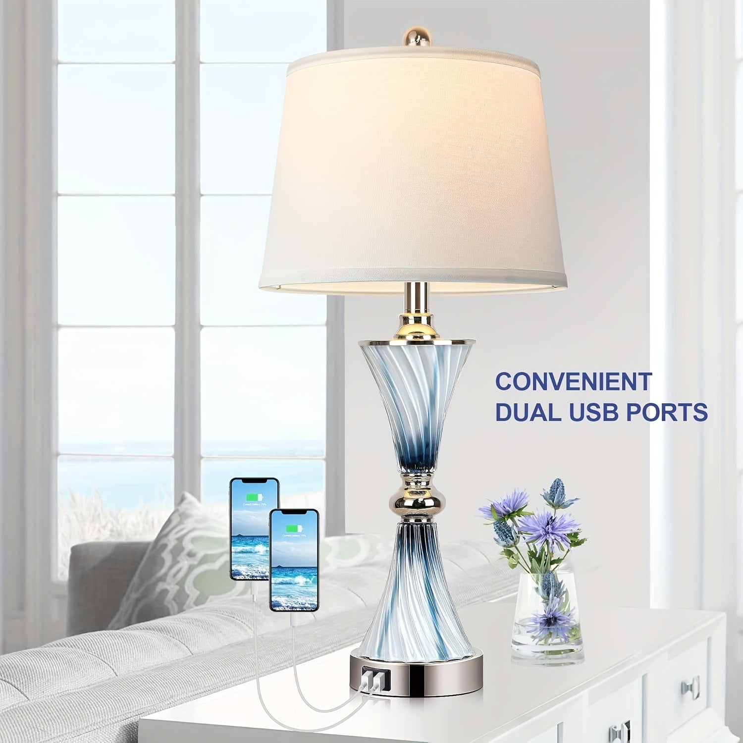Table lamp with dual USB ports on a white surface, near a smartphone and smartphone case.