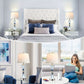 Collage of bedroom and living room scenes with lamps and decor.