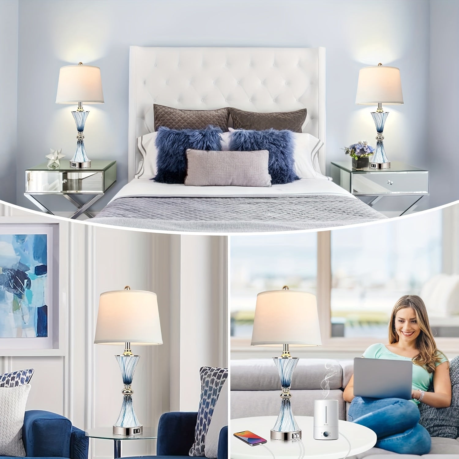 Collage of bedroom and living room scenes with lamps and decor.