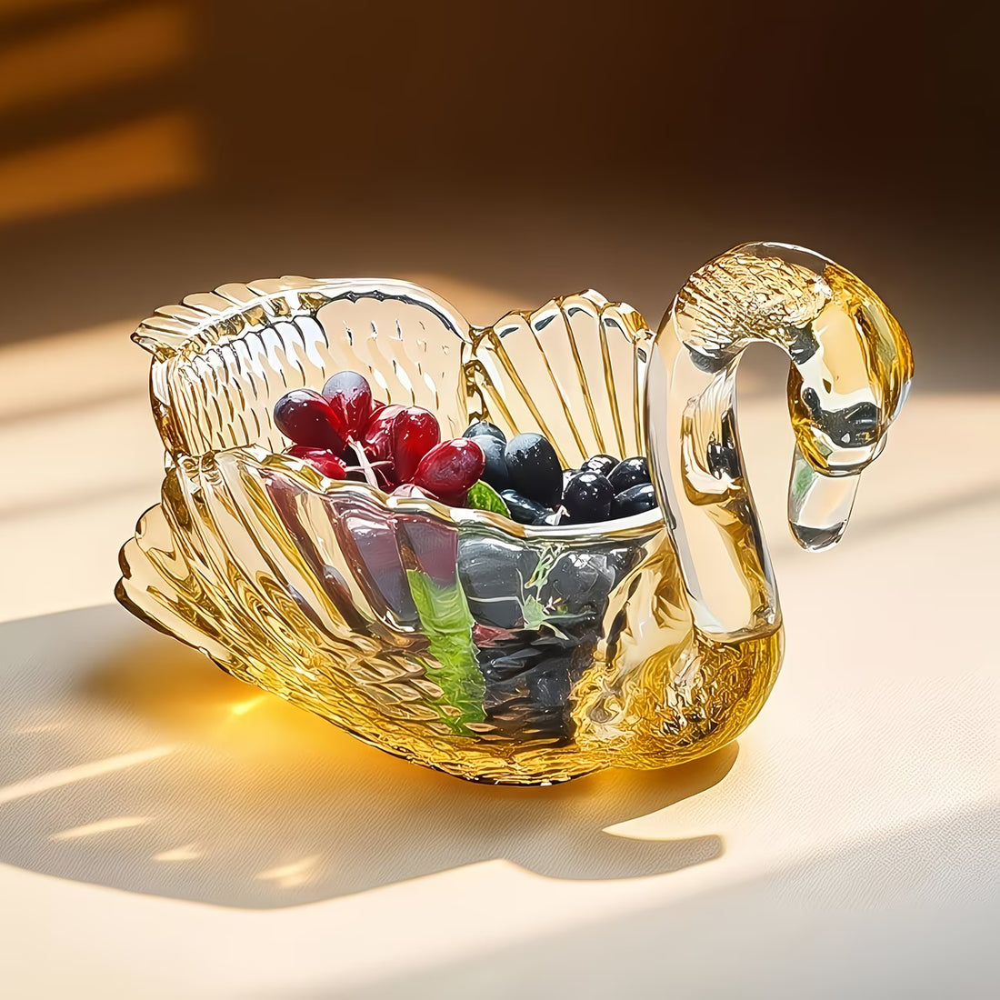 Gold swan-shaped dish with fruits on a beige surface