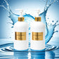 Two bottles of hand soap and dish soap with gold labels on a water splash background