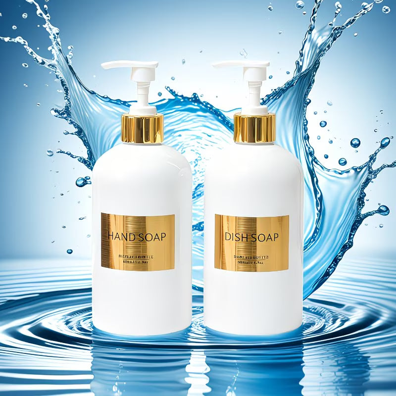 Two bottles of hand soap and dish soap with gold labels on a water splash background