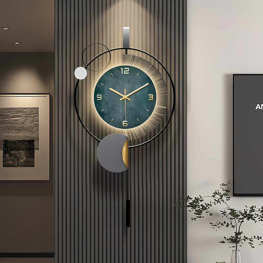 Modern wall clock with decorative design on a wall in a home setting