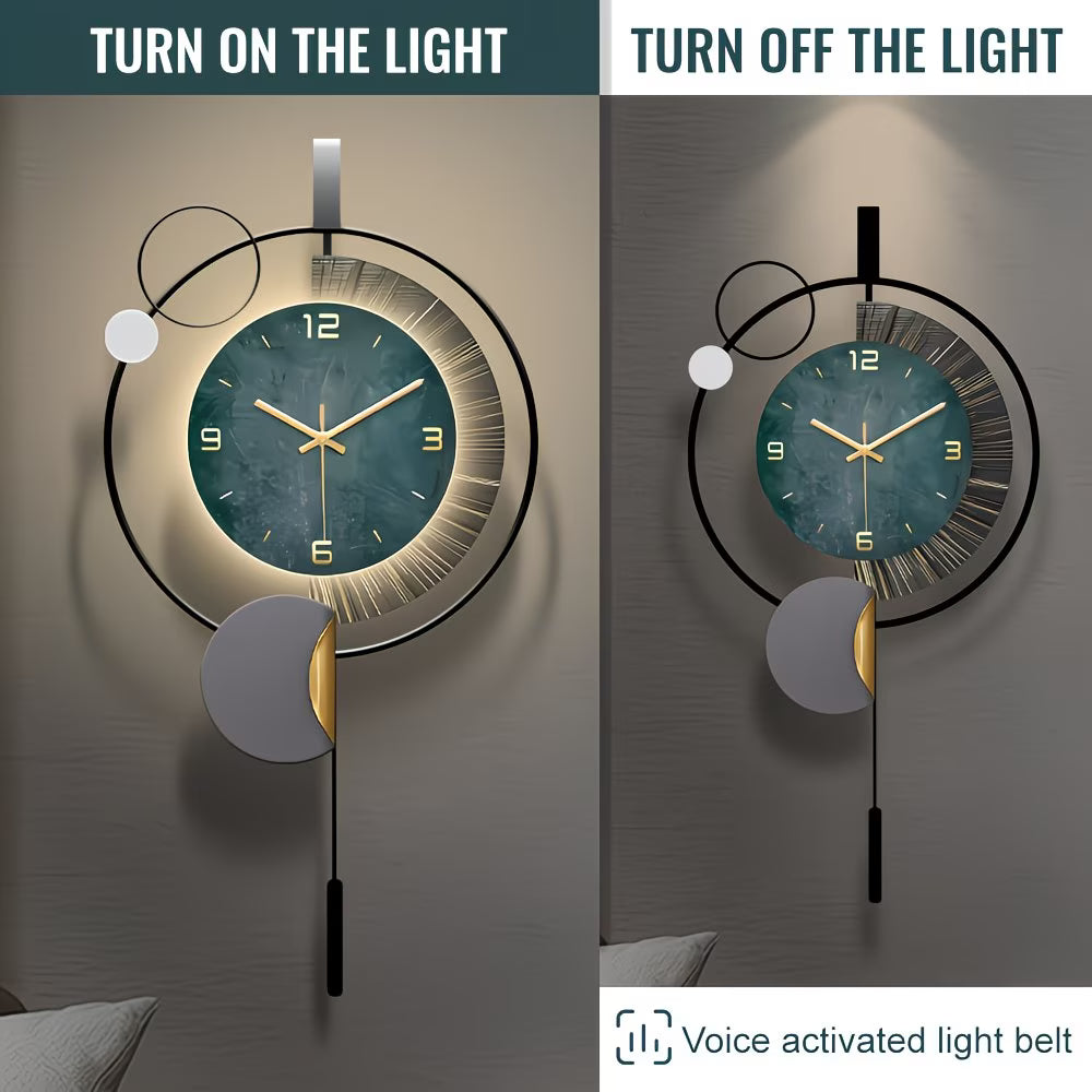 Wall clock with light feature showing 'Turn on the light' and 'Turn off the light' options.