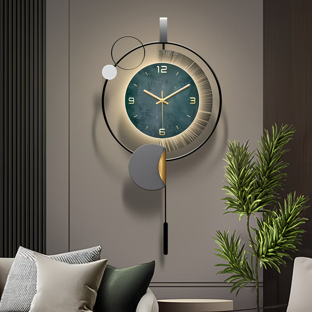 Modern wall clock with decorative elements on a wall in a living room setting.