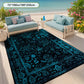 Blue patterned rug on a wooden floor with outdoor furniture and plants.