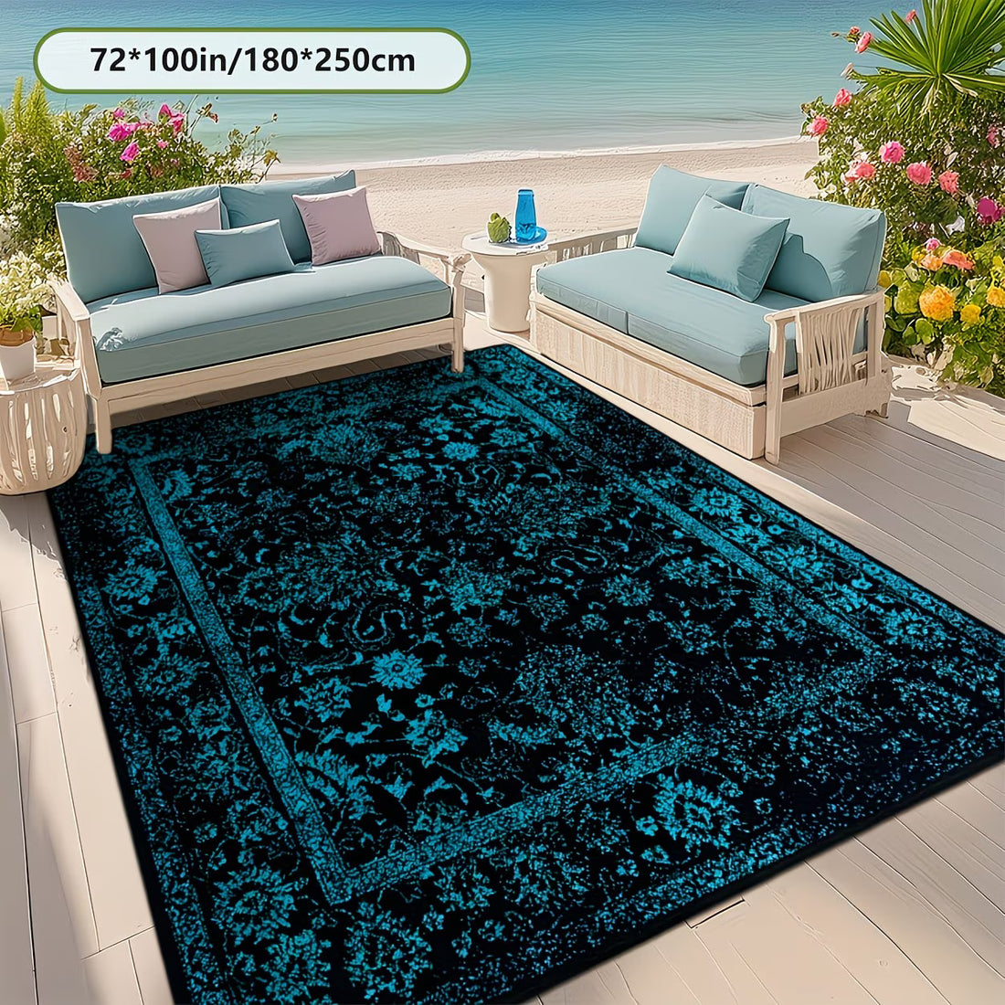 Blue patterned rug on a wooden floor with outdoor furniture and plants.